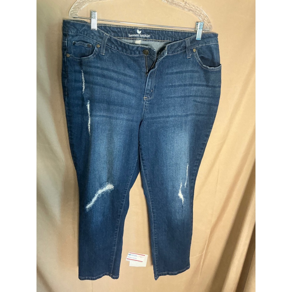 Woman Within Straight Leg Jeans Womens 18W Blue Excellent Distressed Whiskered